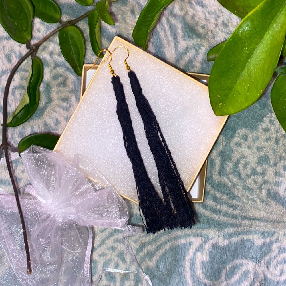 Long Black Hand Crafted Macrame Style Fringe Gold Toned Dangle Earrings